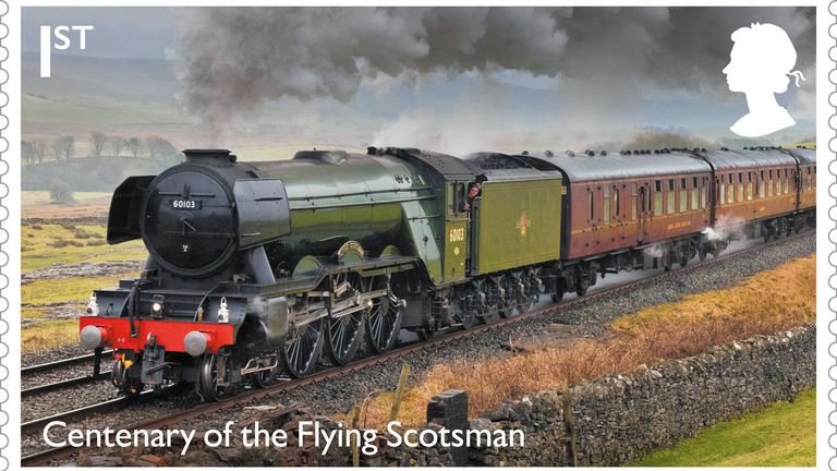 EMBARGOED TO 0001 TUESDAY FEBRUARY 28 Undated handout photo issued by Royal Mail of one of twelve new stamps to mark the 100th anniversary of steam locomotive the Flying Scotsman. They are the final set of stamps to feature late Queen Elizabeth II&#39;s silhouette. Issue date: Tuesday February 28, 2023. PIC: PA
