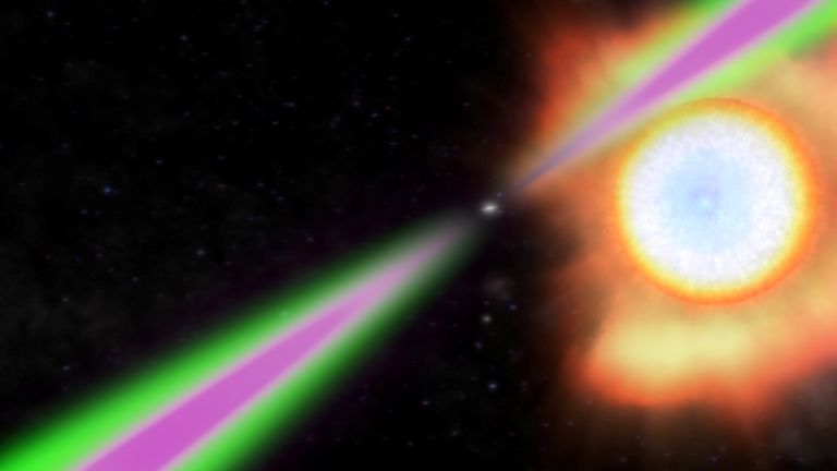 An artist concept of a neutron star, left, emitting radio and gamma-ray beams