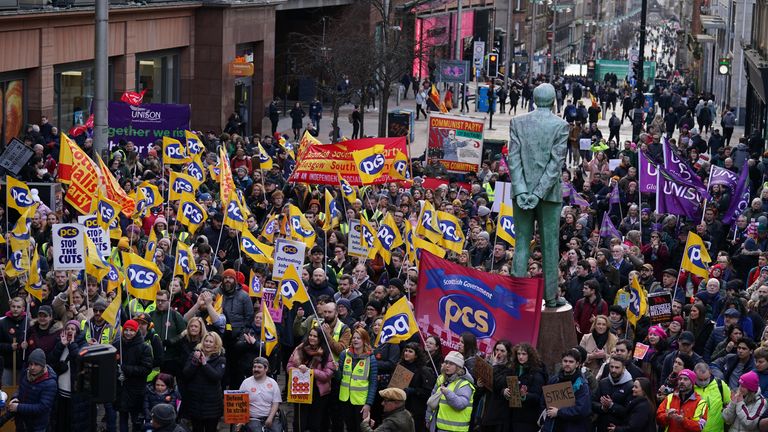 Protesters gather at the Protect The Right To Strike rally organised by the STUC, at the Donald Dewar Steps on Buchanan Street, Glasgow, to protest against the Government&#39;s controversial plans for a new law on minimum service levels during strikes. Picture date: Wednesday February 1, 2023.