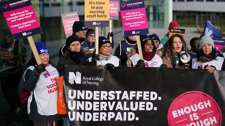 Workers on the picket line outside Queen Elizabeth hospital in Birmingham during a strike by nurses and ambulance staff. Picture date: Monday February 6, 2023.