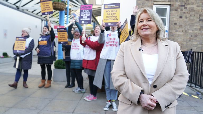 Royal Collecge of Nursing (RCN) general secretary Pat Cullen on the picket line outside Great Ormond Street Hospital in London during a strike by nurses and ambulance staff. Picture date: Monday February 6, 2023.