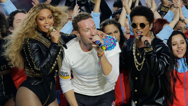 Beyoncé, Coldplay and Bruno Mars perform in the 2016 NFL Super Bowl games. Pic: AP