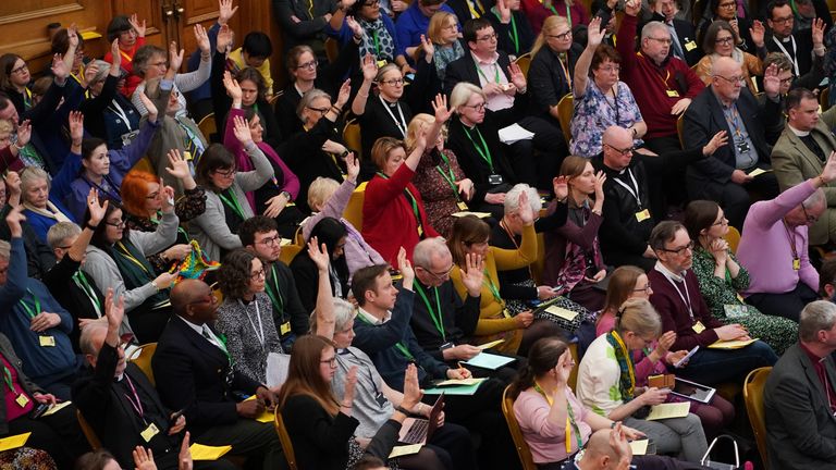 Members of the Church of England&#39;s Synod vote on the motion repenting the church&#39;s failure "to be welcoming to LGBTQI+ people" and the harm they have faced and still experience, at the General Synod of the Church of England, at Church House in central London. Picture date: Thursday February 9, 2023.