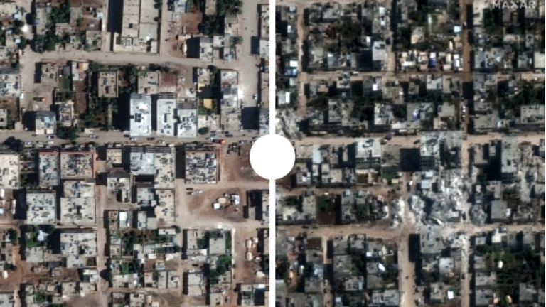 A still image of a before and after slide image from Jindires in Syria showing the destruction caused by an earthquake.