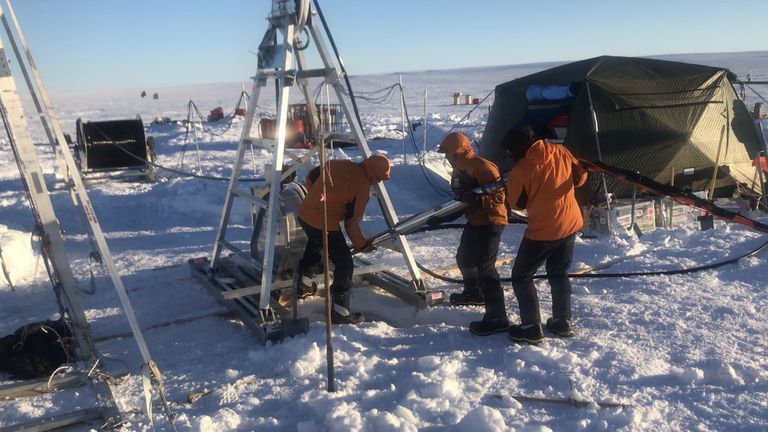 Undated handout photo issued by ITGC of the British Antarctic Survey (BAS) deploying a water drill at Thwaites Glacier, West Antarctica. A new study provides a close-up view of melting underneath the glacier using data from an international expedition and underwater robot Icefin. The new data was collected as part of the MELT project, one of the projects in the UK-US International Thwaites Glacier Collaboration. The team made observations of the grounding line (where the ice first meets the ocea