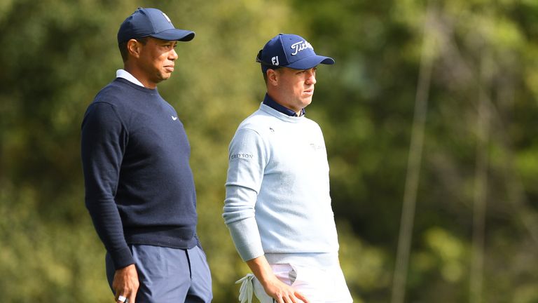 Tiger Woods and Justin Thomas at the Genesis Invitational. Pic: AP