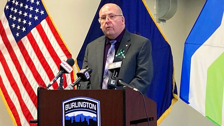 Tom Curran, brother of 1971 murder victim Rita Curran, faces reporters during a news conference, Tuesday Feb. 21, 2023, at the Burlington Police Department in Burlington, Vt., after police announced they had identified the man who killed Curran&#39;s sister. Police announced Tuesday they had solved Curran&#39;s murder, although the man they say killed her died in 1986, so he can never be prosecuted. (AP Photo/Wilson Ring)