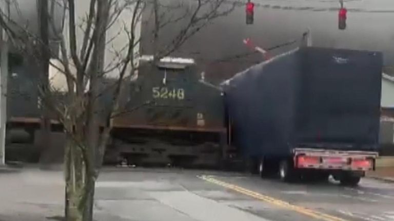 Tractor-trailer hit by an oncoming train in New York