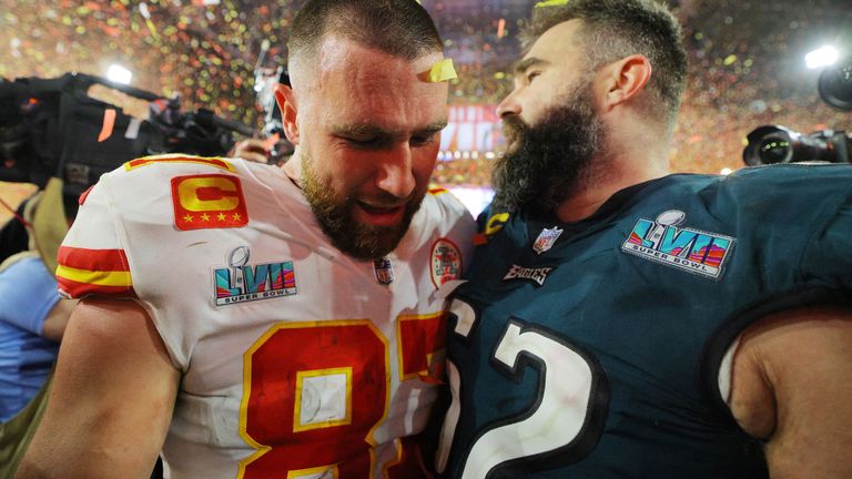Kansas City Chiefs&#39; Travis Kelce, left, with his brother Jason Kelce of the Philadelphia Eagles&#39; Jason Kelce. Pic: AP