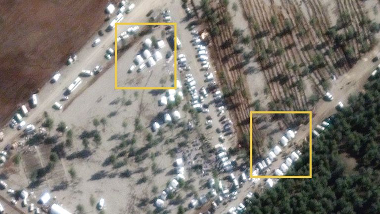 Tents being erected at the grave site are seen in a satellite image from 11th February. Pic - Planet Labs PBC