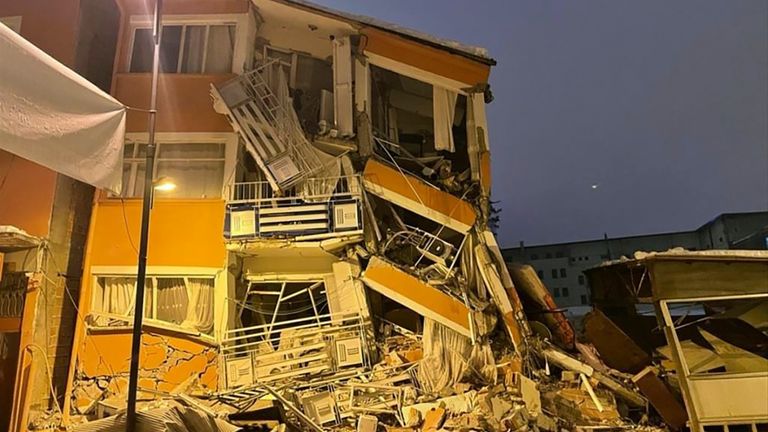 A collapsed building is seen following an earthquake in Pazarcik, in Kahramanmaras province, southern Turkey. Pic AP