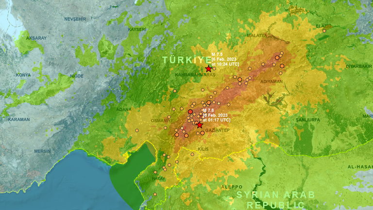 A satellite map of areas impacted by the Turkey-Syria earthquake. Pic: United Nations Satellite Centre