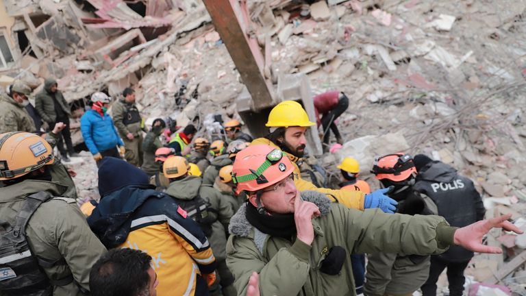 A member of Israeli search and rescue team reacts during a rescue operation in the aftermath of a deadly earthquake in Kahramanmaras, Turkey February 10, 2023