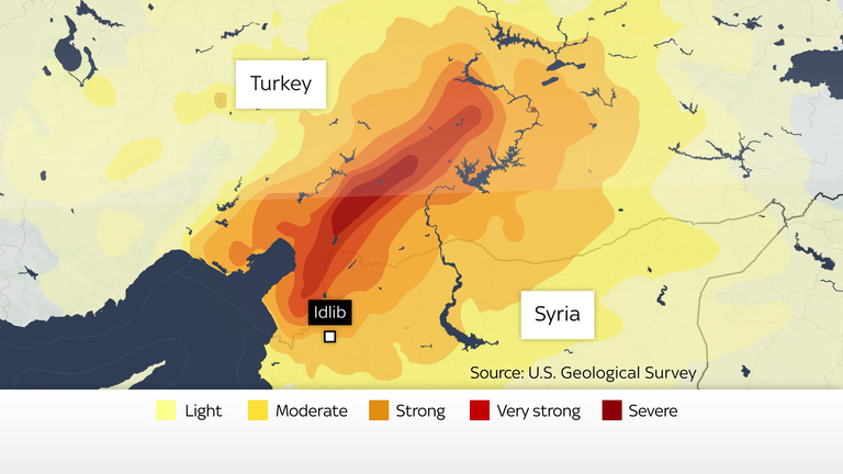 Depremin merkez üssü ile ilgili olarak kuzeybatı Suriye'deki İdlib haritası
