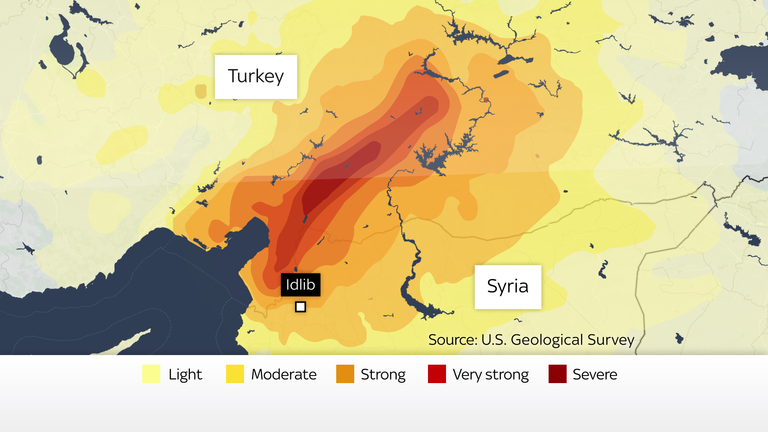 Une carte d'Idlib au nord-ouest de la Syrie, en relation avec l'épicentre du tremblement de terre