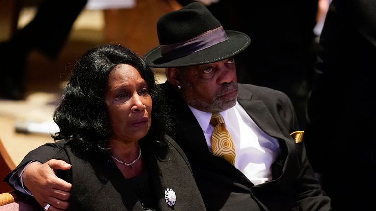 RowVaughn Wells cries as she and her husband Rodney Wells attend the funeral service for her son Tyre Nichols  (Andrew Nelles/The Tennessean via AP, Pool)
