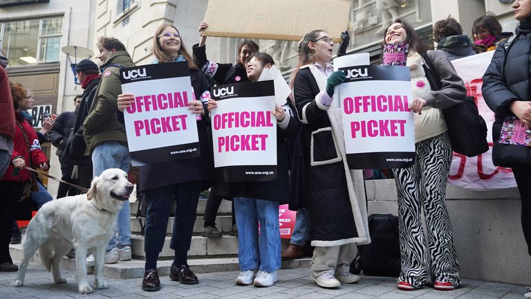 University and College Union (UCU) members on the picket line outside the London School of Economics (LSE). Up to 70,000 members of the UCU are taking strike action in a long-running dispute over pay, working conditions and pensions. Picture date: Wednesday February 1, 2023.