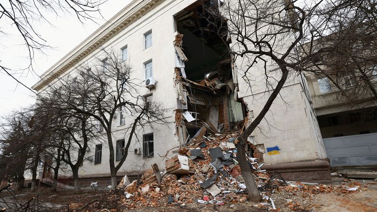 The regional administration building that was damaged by shelling is seen on the first anniversary of the Russian invasion of Ukraine, in Kherson, Ukraine 