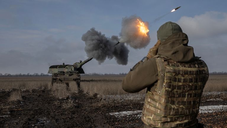 Ukraine&#39;s 43rd Heavy Artillery Brigade fire a German howitzer near Bakhmut in the Donetsk region