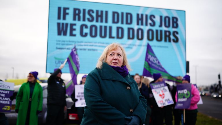 UNISON general secretary Christina McAnea, joins ambulance workers on the picket line outside North Bristol Operations Centre