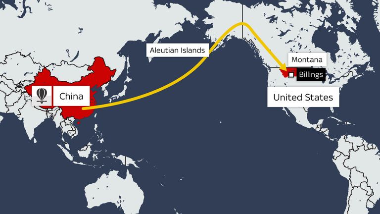 The spy balloon route from China to the Aleutian Islands, across Canada and on to Montana