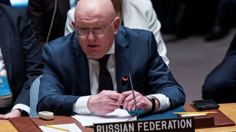 Russian Ambassador to the United Nations Vasily Nebenzya speaks at the United Nations Security Council 