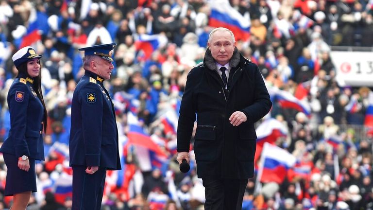 Putin arriving at the rally at the Luzhniki Stadium in Moscow 