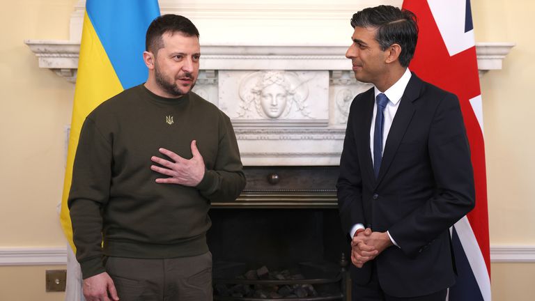Ukrainian President Volodymyr Zelenskyy with Prime Minister Rishi Sunak in 10 Downing Street, London, ahead of a bilateral meeting during his first visit to the UK since the Russian invasion of Ukraine. Picture date: Wednesday February 8, 2023.