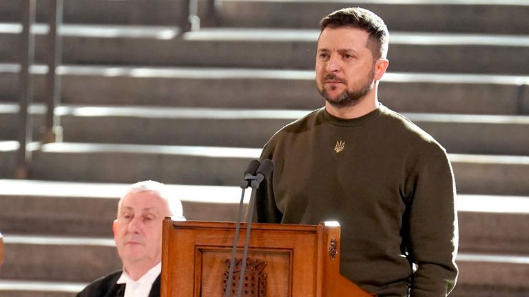 Ukrainian President Volodymyr Zelensky addresses parliamentarians in Westminster Hall, London, during his first visit to the UK since the Russian invasion of Ukraine. (Stefan Rousseau/PA)