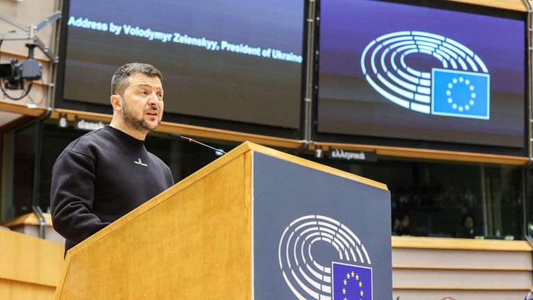 Ukrainian President Volodymyr Zelenskyy addresses the European Parliament, during his second international trip since Russia&#39;s invasion of Ukraine, in Brussels, Belgium