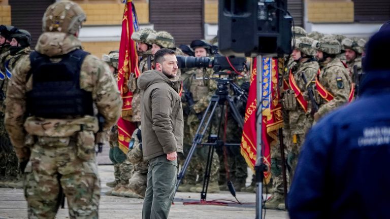 Volodymyr Zelenskyy addresses soldiers at a military parade in front of St. Sophia Cathedral
Pic:DPA/AP