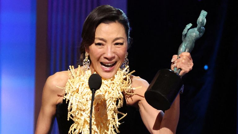 Michelle Yeoh accepts the Outstanding Performance by a Female Actor successful  a Leading Role for "Everything Everywhere All astatine  Once" during the 29th Screen Actors Guild Awards astatine  the Fairmont Century Plaza Hotel successful  Los Angeles, California, U.S., February 26, 2023. REUTERS/Mario Anzuoni