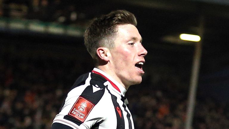 Grimsby Town&#39;s Harry Clifton celebrates scoring their side&#39;s first goal of the game during the FA Cup fourth round replay at Blundell Park, Cleethorpes. Picture date: Tuesday February 7, 2023.