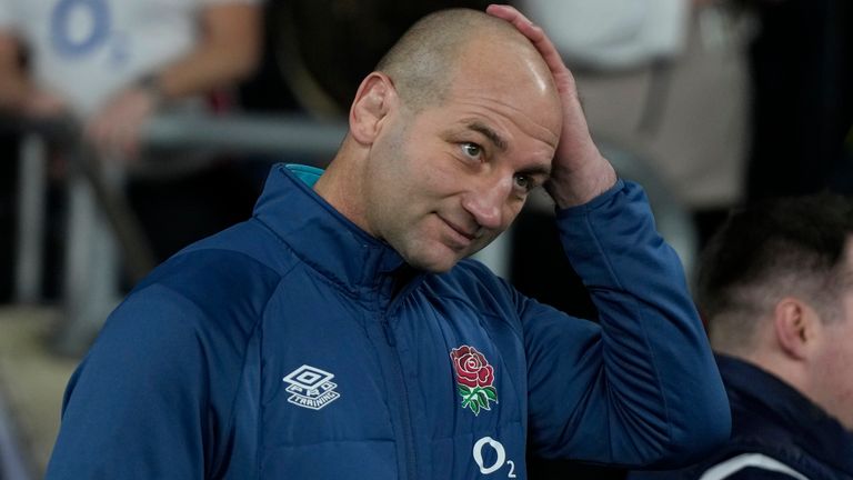 England coach Steve Borthwick..reacts after England lost against Scotland 29-23 during the Six Nations rugby union international match at Twickenham in London, England, Saturday, Feb. 4, 2023. (AP Photo/Alastair Grant)
