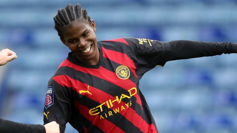 Khadija Shaw celebrates after giving Manchester City the lead at Leicester