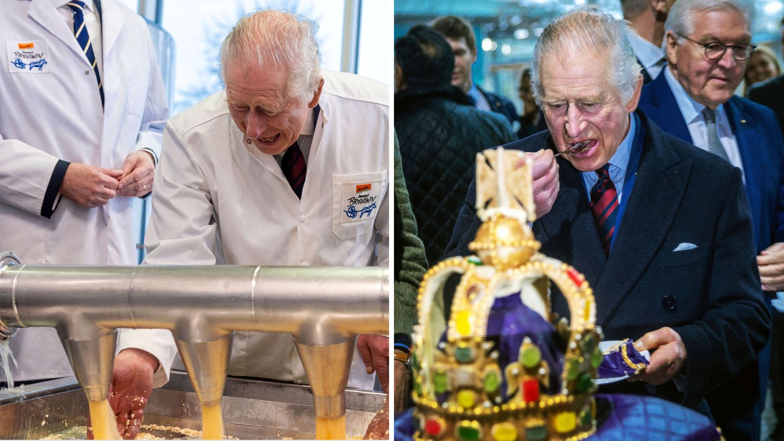 King gets stuck into making cheese on Germany visit - then eats cake shaped like a crown