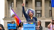 Drag artist Vidalia Anne Gentry speaks out against the legislation last month. Pic: AP