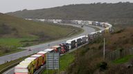 Lorries queue for the Port of Dover along the A20 in Kent as strong winds effect ferry services. Picture date: Friday March 31, 2023.
