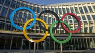 The Olympic Rings in front of the Olympic House, headquarters of the International Olympic Committee (IOC)
