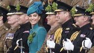 The Prince and Princess of Wales sit for a group photo during their visit to the 1st Battalion Irish Guards for the St Patrick&#39;s Day Parade, at Mons Barracks in Aldershot. Picture date: Friday March 17, 2023.