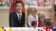 Russian matryoshka dolls with portraits of the Chinese President Xi Jinping and Russian President Vladimir Putin. Pic: AP