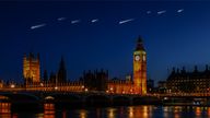 Sky Canvas - An artists impression of artificial shooting stars falling above Big Ben and the Houses of Parliament.