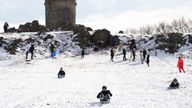 People sledging in the snow at Bradgate Park in Leicestershire Picture date: Friday March 10, 2023.

