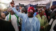 Bola Tinubu, center, of the All Progressives Congress celebrates with supporters at the Party&#39;s campaign headquarters after winning the presidential elections in Abuja, Nigeria, Wednesday, March 1, 2023. Pic: AP