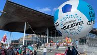Members of the National Education Union (NEU) protesting outside the Senedd, calling for an increased pay offer from the Welsh government.  Pic date: 2 March