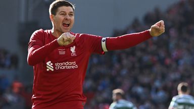 Gerrard celebrates in front of Celtic fans in Liverpool Legends game