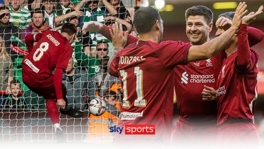 Gerrard celebrates in front of Celtic fans in Liverpool Legends game