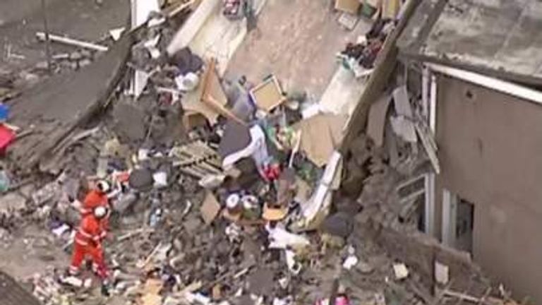 View from above the site of a suspected gas explosion in Swansea, South Wales