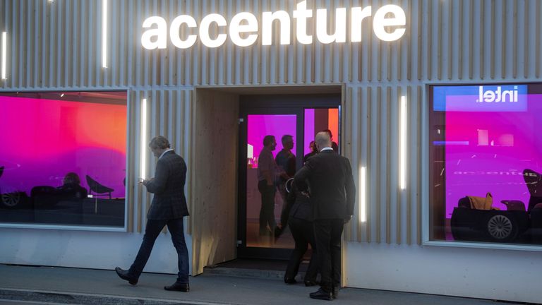 The logo of Irish services and consulting company Accenture is seen at an temporary office during the World Economic Forum 2022 (WEF) in the Alpine resort of Davos, Switzerland May 25, 2022. REUTERS/Arnd Wiegmann