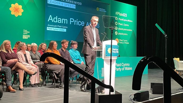 Plaid Cymru leader, Adam Price, addressing the party&#39;s conference in Llanelli on Friday, 3 March 2023.